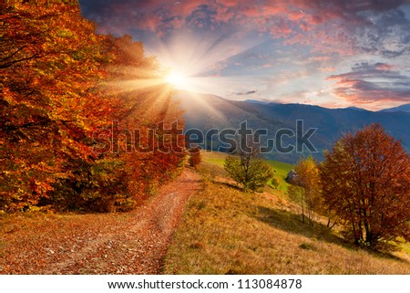 Colorful autumn landscape in the mountains. Sunrise