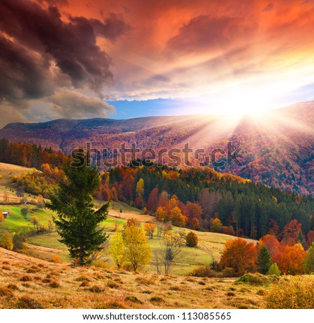 Colorful autumn sunset in the mountains