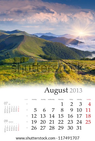 2013 Calendar. August. Beautiful summer landscape in the mountains