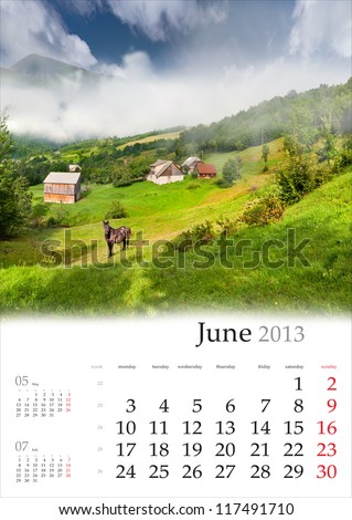 2013 Calendar. June. Beautiful summer landscape in the mountains.
