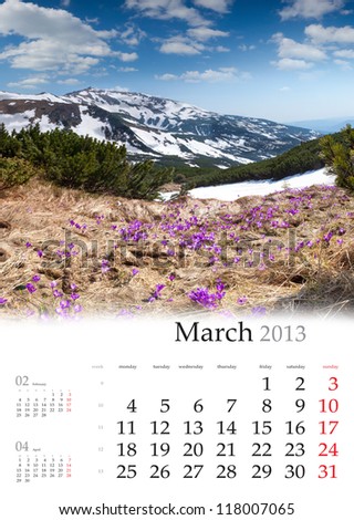 2013 Calendar. March. Beautiful spring landscape in the mountains.