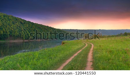 Beautiful summer landscape with the river in the mountains.Sunrise