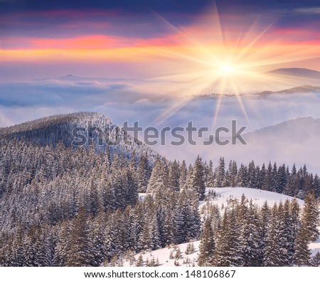Beautiful winter sunrise in the mountains