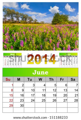 2014 Calendar. June. Field of blooming flowers.