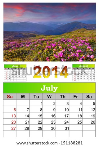 2014 Calendar. June. Beautiful summer landscape in the mountains.