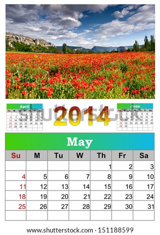 2014 Calendar. May. Beautiful summer landscape with field of poppies