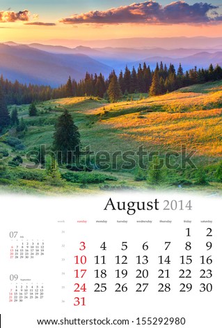 2014 Calendar. August. Beautiful summer landscape in the mountains