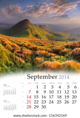 2014 Calendar. September. Beautiful Autumn Landscape In The Mountains.