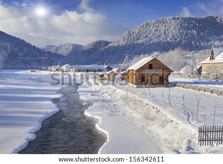 Frosty morning in the mountain village. Iltsi village, Carpathian, Ukraine, Europe.
