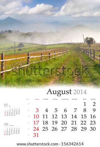 2014 Calendar. August. Beautiful summer landscape in the mountain village.