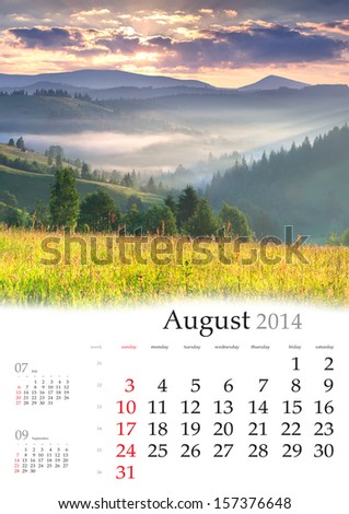 2014 Calendar. August. Beautiful summer landscape in the mountains