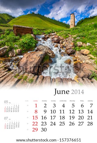 2014 Calendar. June. Beautiful Summer Landscape In The Mountains.