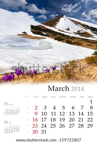 2014 Calendar. March. Colorful spring landscape in the mountains