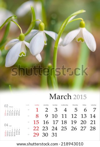 2015 Calendar. March. First flowers in the spring forest.