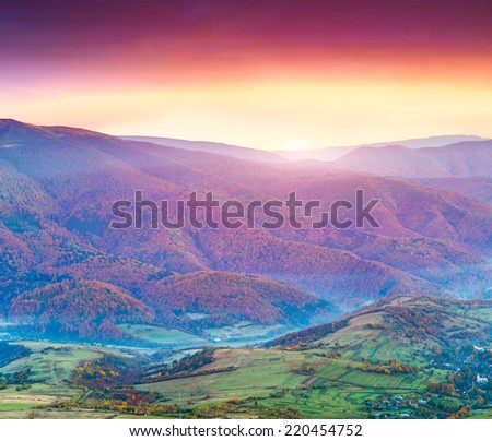 Colorful autumn sunset in the mountains.