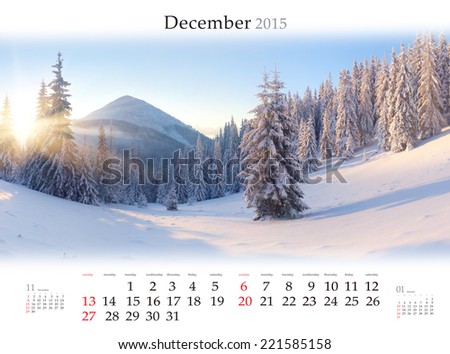 Calendar 2015. Desember. Beautiful winter landscape in the mountains.