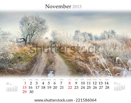 Calendar 2015. November. Beautiful autumn landscape in the forest