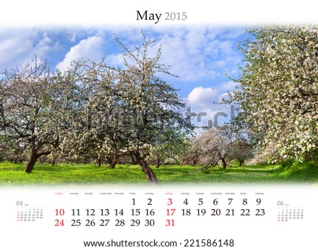 Calendar 2015. May. Blooming apple gardens in the spring