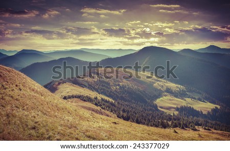 Colorful autumn landscape in mountains. Retro style.