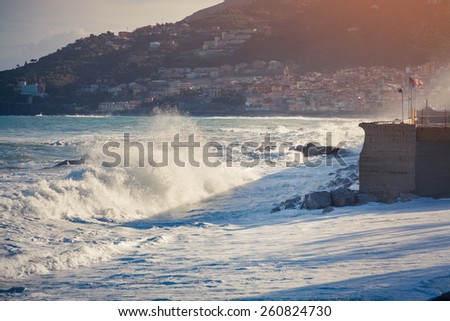Storm at the Tyrrhenian sea on coast of Sicily, Italy, Europe.