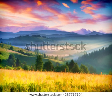 Digital artwork in watercolor painting style. Colorful summer sunrise in the mountains