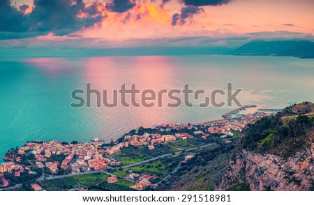 A bird\'s eye view of the Solanto village. Colorful spring sunset, province Palermo, Sicily, Italy, Europe. Instagram toning.