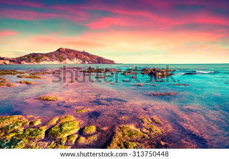 Colorful spring sunset from the Giallonardo beach, Sicily, Italy, Mediterranean sea, Europe. Instagram toning.