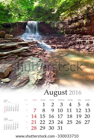 Calendar 2016. August. Colorful summer landscape with tranquil waterfall