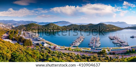 View from the bird\'s eye of the Kas city, district of Antalya Province of Turkey, Asia. Colorful spring panorama of small Mediterranean yachting and tourist town.