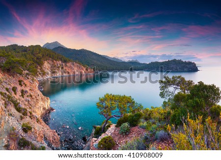 Picturesque Mediterranean seascape in Turkey. sunrise in a small bay near the Tekirova village, District of Kemer, Antalya Province. Artistic style post processed photo.