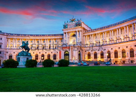 Colorful evening view of Vienna Hofburg Imperial Palace with Statue of Emperor Joseph II. Beautiful outdorr scene in Vienna, Austria, Europe. Artistic style post processed photo.