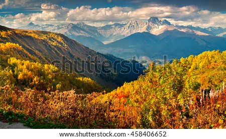 Colorful autumn landscape in the Caucasus mountains. Sunny morning scene with mountain Ushba on the background. Mkheer, Svaneti, Georgia, Europe. Artistic style post processed photo.