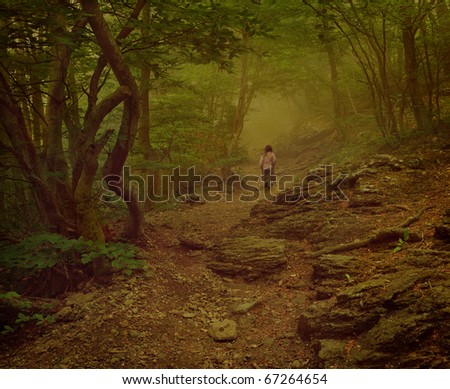 Girl walking on the foggy woods. Vintage stylized