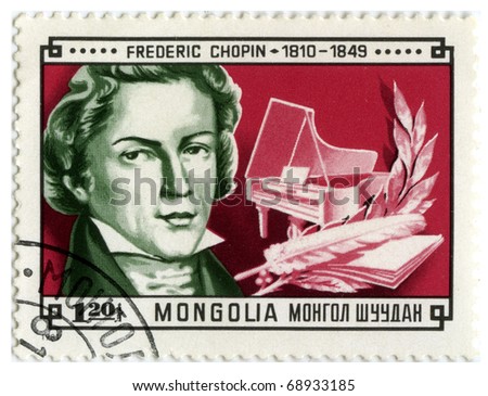 MONGOLIA - CIRCA 1981: A stamp printed in Mongolia shows image of the famous composer Frederic Chopin, series, circa 1981