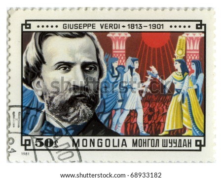 MONGOLIA - CIRCA 1981: A stamp printed in Mongolia shows image of the famous composer Giuseppe Verdi, series, circa 1981