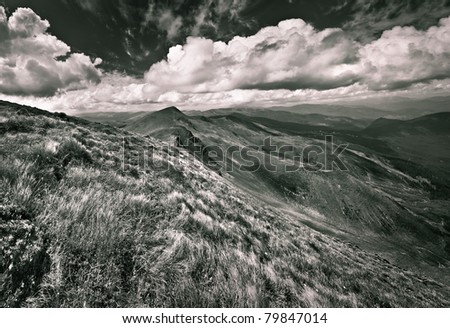 Summer landscape in the mountains, black and white