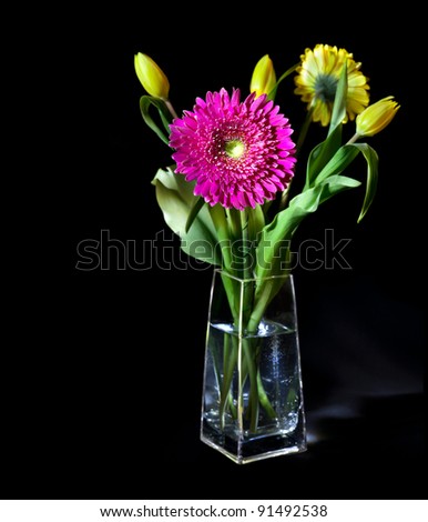 Bright flower bouquet in glass vase isolated over black background