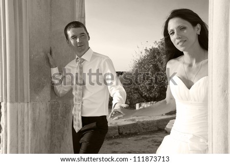 Beautiful wedding couple- bride and groom. Just married. Black and white, sepia