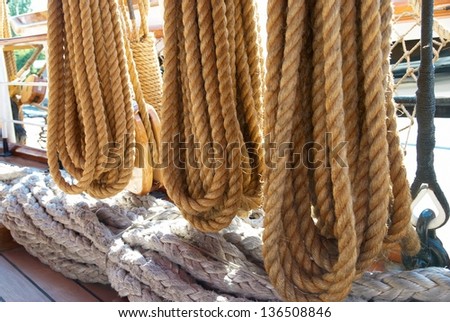 Yacht\'s ropes and tackles- marine rigging equipment.