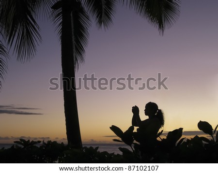 A female silhouette during sunset with a palm tree