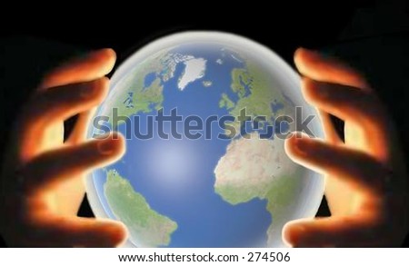 Little Kids Black And White Holding Hands. Holding globe, on white