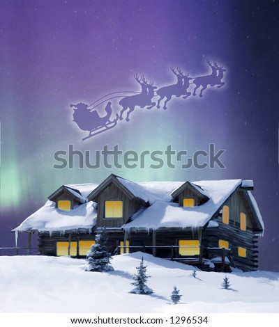 Santa Claus and his reindeer flies over a ranch on Christmas Eve as the Northern Light dance in the sky