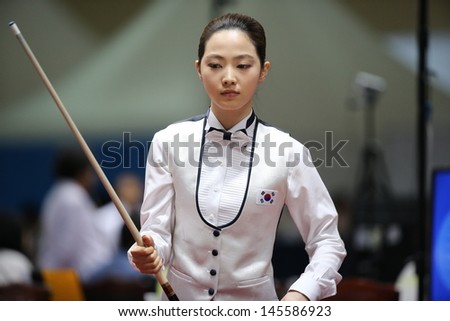 INCHEON - July 3:Cha Yu-Ram billiard player of South Korea participates in an 4th Asian  Indoor and Martial Arts Games 2013 at Songdo Convensiaon on July 3, 2013 in Incheon, South Korea.