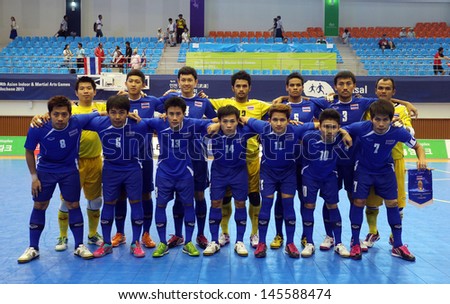 INCHEON - July 3:Thailand futsal team shoot photo before start games with Lebanon during the 4th Asian Indoor and Martial Arts Games at Songdo Global University on July 3, 2013 in Incheon, Korea.
