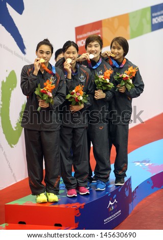 INCHEON - July 2:Thailand\'s Women\'s 4x50m Freestyle team with gold medal in an Asian Indoor and Martial Arts Games 2013 at Dowon Aquatics Center on July 2, 2013 in Incheon, South Korea.
