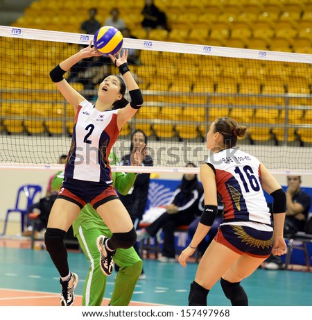 Nakhon Ratchasima, Thailand - SEP 16:Dayeong LEE #2 of Korea in action during Asian Sr.Women\'s Volleyball Championship Chatchai Hall on September 16, 2013 in Nakhon Ratchasima, Thailand.