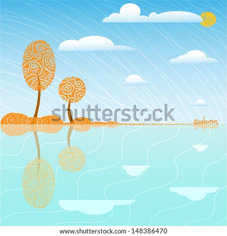 the cute simple landscape with autumn trees and clouds
