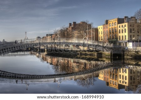 Ha\'Penny Bridge view from the south side of the river Liffey. Dublin Ireland