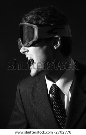 White-collar worker in goggle in a rage. Black&white