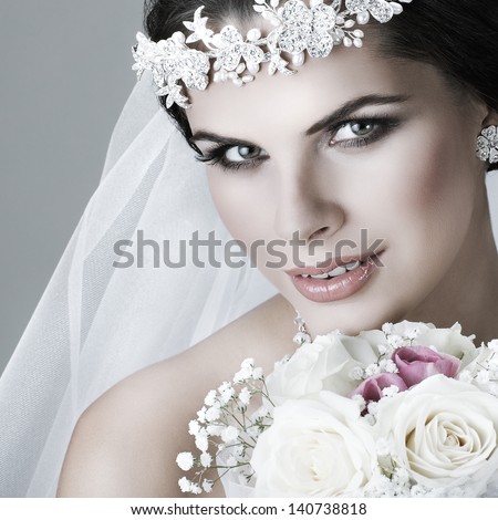 Portrait of beautiful bride. Wedding dress. Wedding decoration